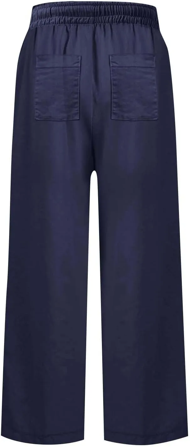 Linen Pants Women High Waist Wide Leg Cropped Pants Baggy Summer Business Casual Stretchy Dress Trousers with Pockets
