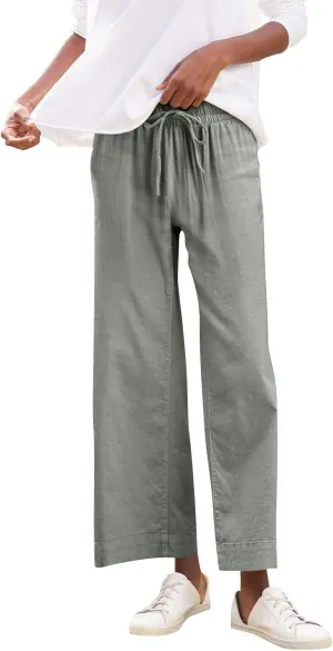 Linen Pants Women High Waist Wide Leg Cropped Pants Baggy Summer Business Casual Stretchy Dress Trousers with Pockets