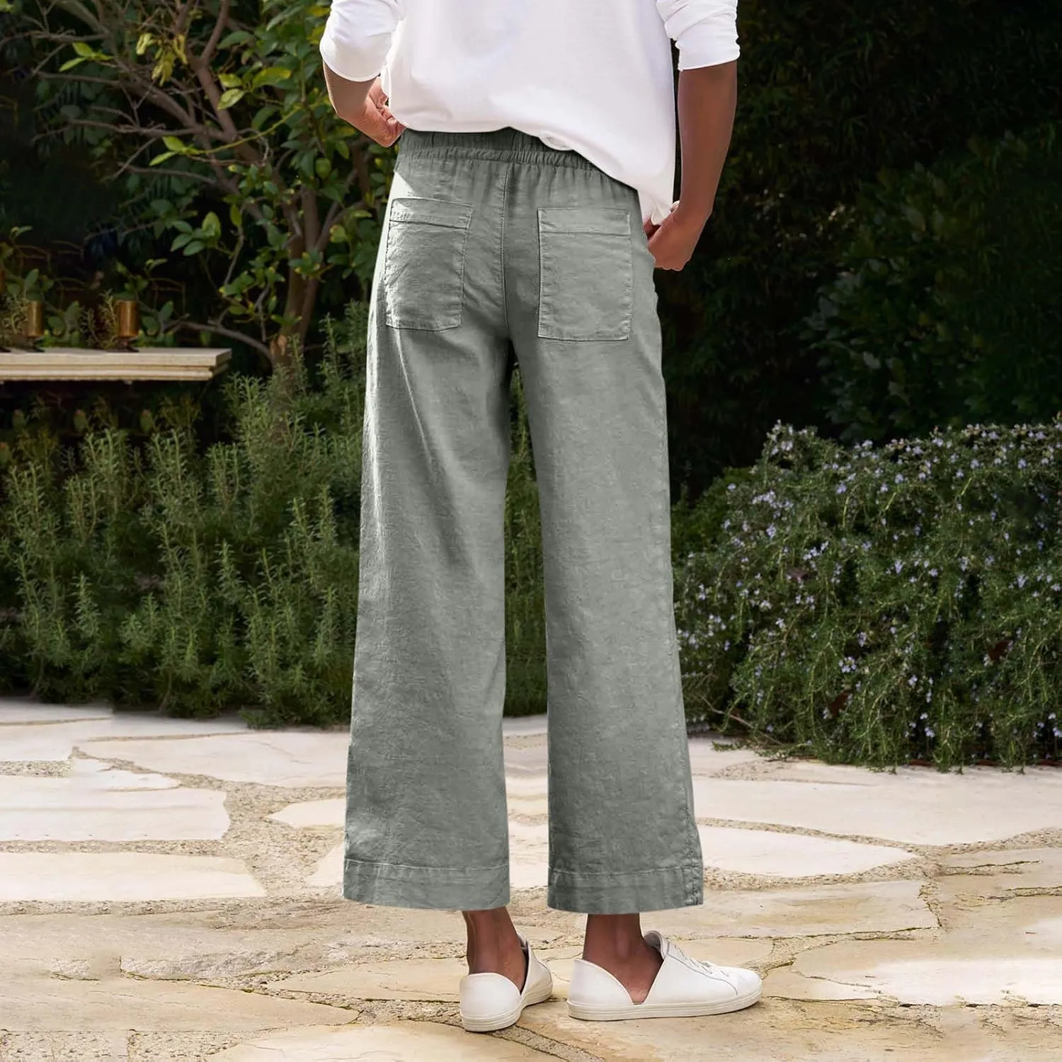 Linen Pants Women High Waist Wide Leg Cropped Pants Baggy Summer Business Casual Stretchy Dress Trousers with Pockets