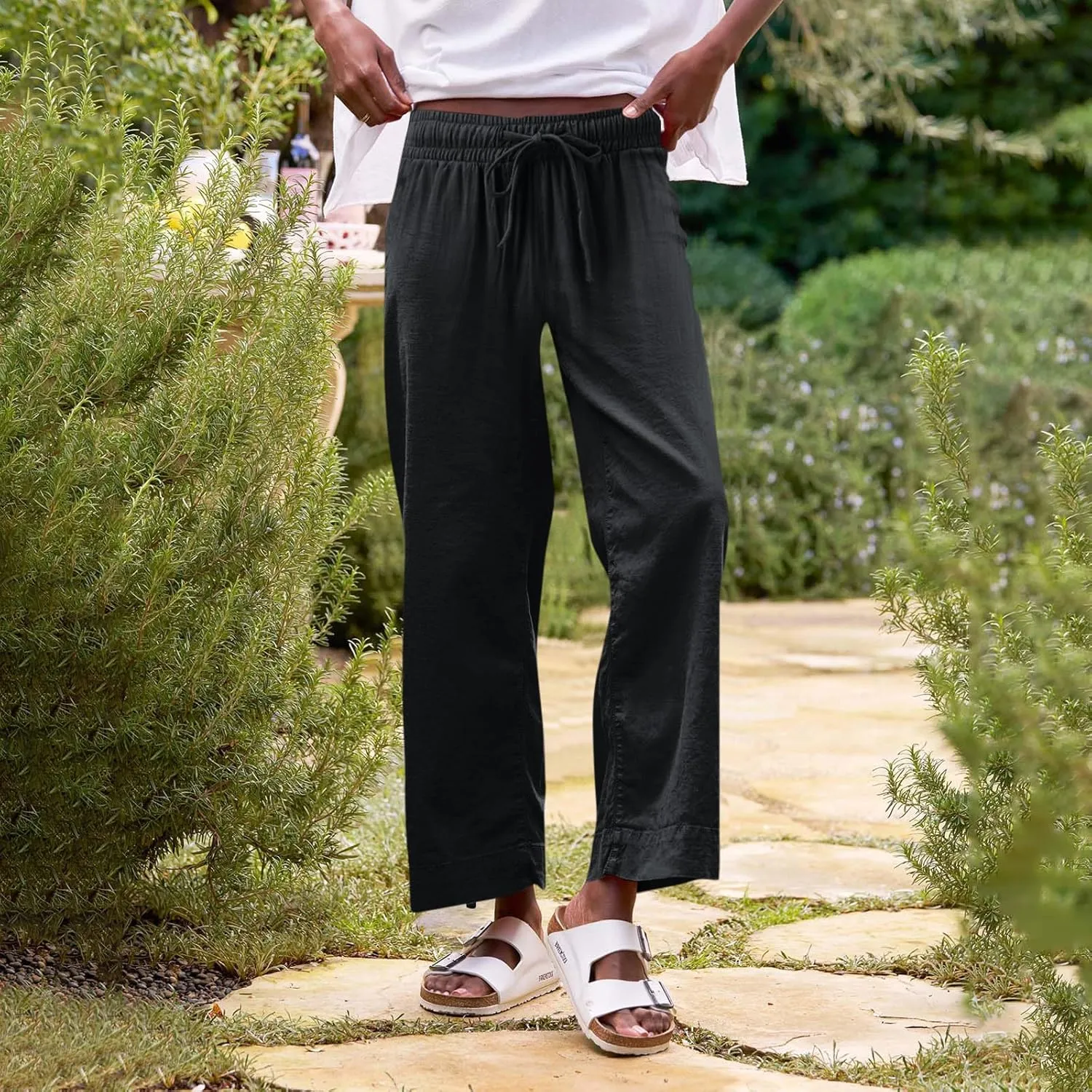 Linen Pants Women High Waist Wide Leg Cropped Pants Baggy Summer Business Casual Stretchy Dress Trousers with Pockets