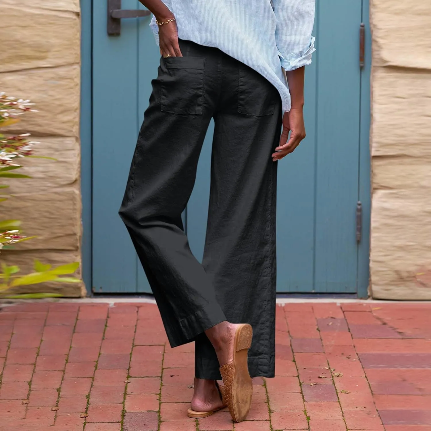 Linen Pants Women High Waist Wide Leg Cropped Pants Baggy Summer Business Casual Stretchy Dress Trousers with Pockets