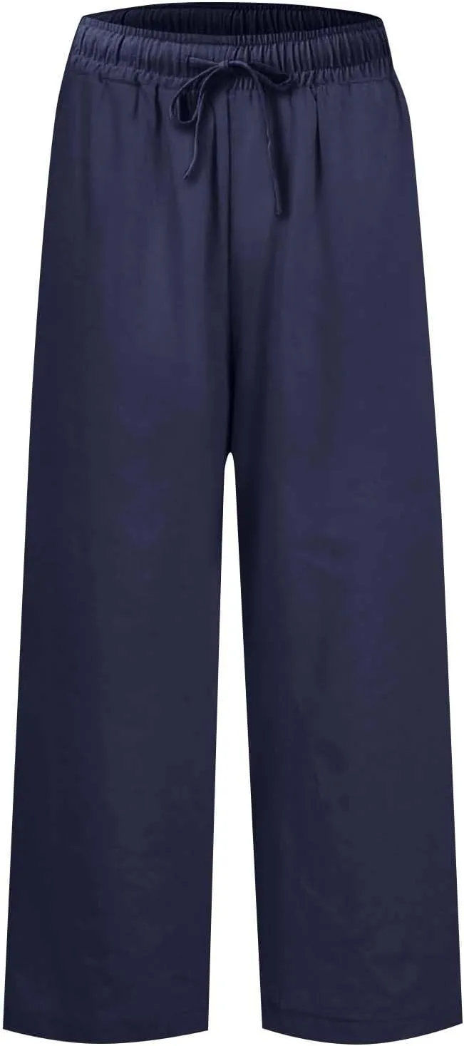 Linen Pants Women High Waist Wide Leg Cropped Pants Baggy Summer Business Casual Stretchy Dress Trousers with Pockets