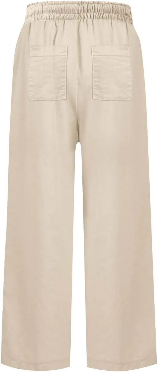 Linen Pants Women High Waist Wide Leg Cropped Pants Baggy Summer Business Casual Stretchy Dress Trousers with Pockets
