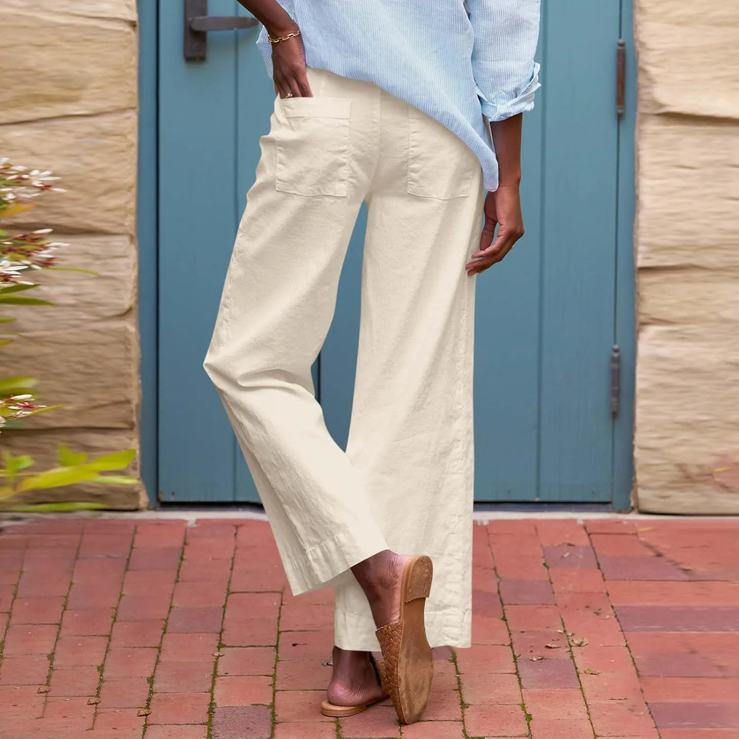 Linen Pants Women High Waist Wide Leg Cropped Pants Baggy Summer Business Casual Stretchy Dress Trousers with Pockets
