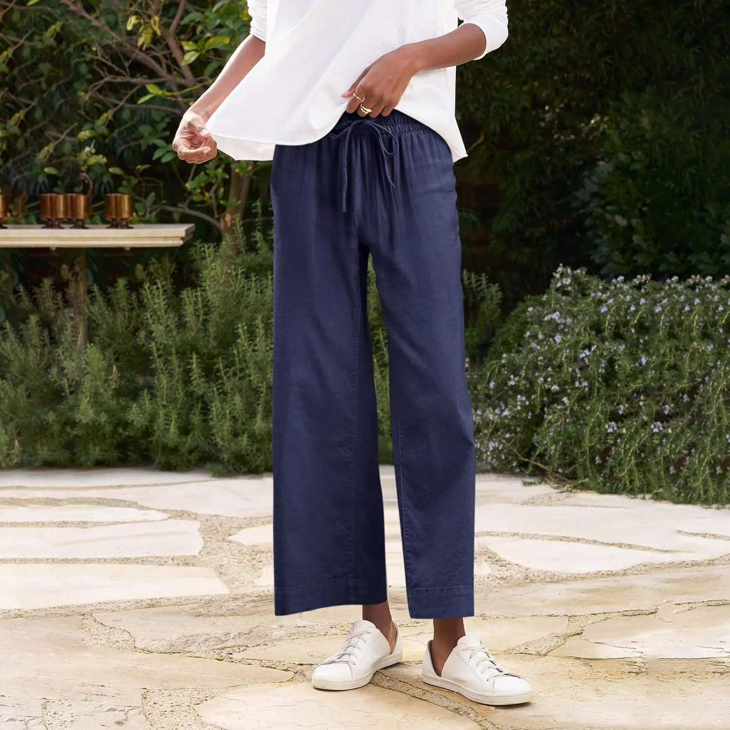 Linen Pants Women High Waist Wide Leg Cropped Pants Baggy Summer Business Casual Stretchy Dress Trousers with Pockets