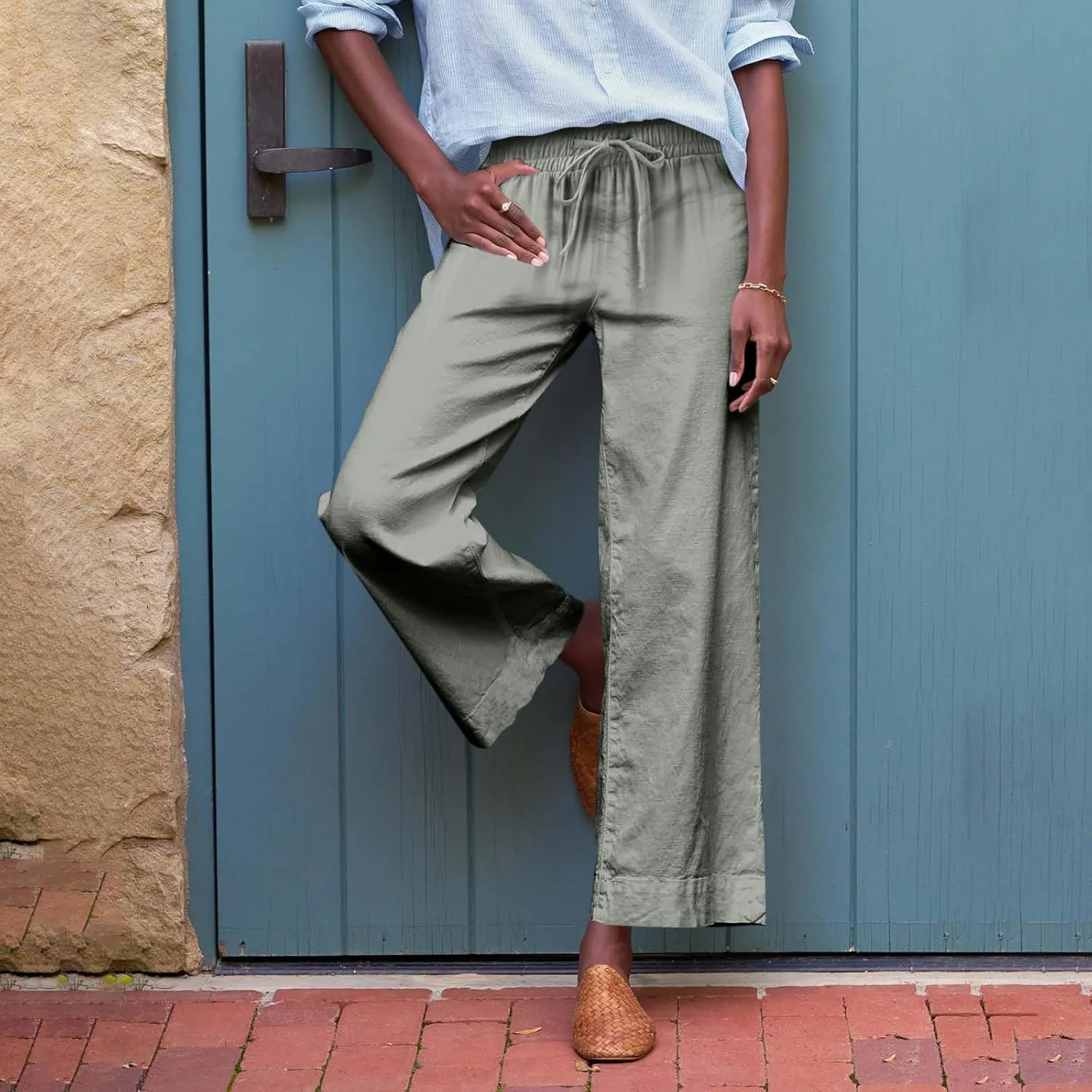 Linen Pants Women High Waist Wide Leg Cropped Pants Baggy Summer Business Casual Stretchy Dress Trousers with Pockets