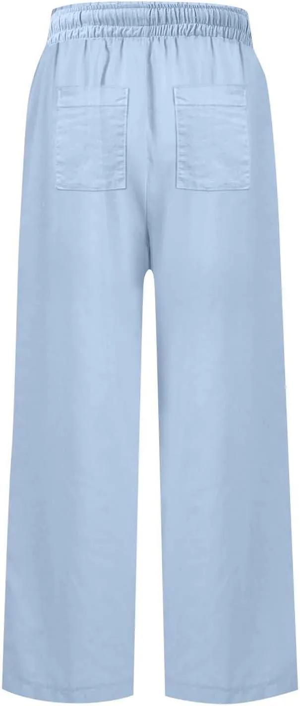 Linen Pants Women High Waist Wide Leg Cropped Pants Baggy Summer Business Casual Stretchy Dress Trousers with Pockets