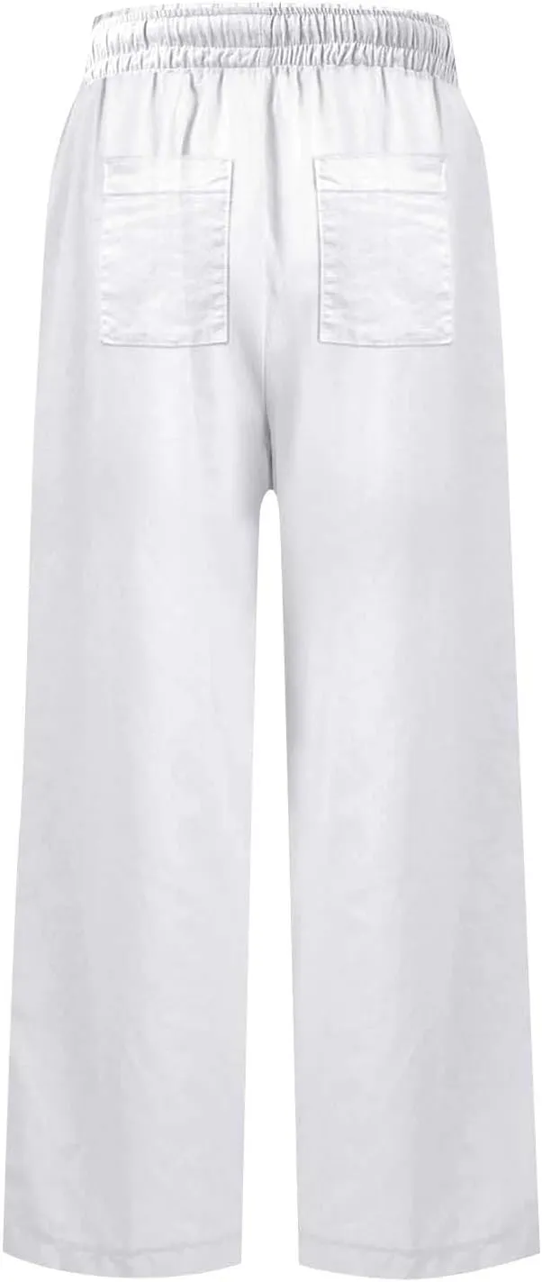 Linen Pants Women High Waist Wide Leg Cropped Pants Baggy Summer Business Casual Stretchy Dress Trousers with Pockets