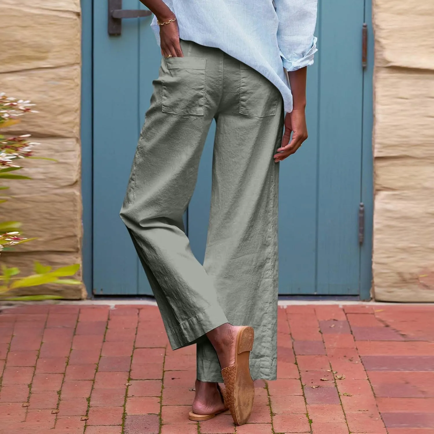 Linen Pants Women High Waist Wide Leg Cropped Pants Baggy Summer Business Casual Stretchy Dress Trousers with Pockets