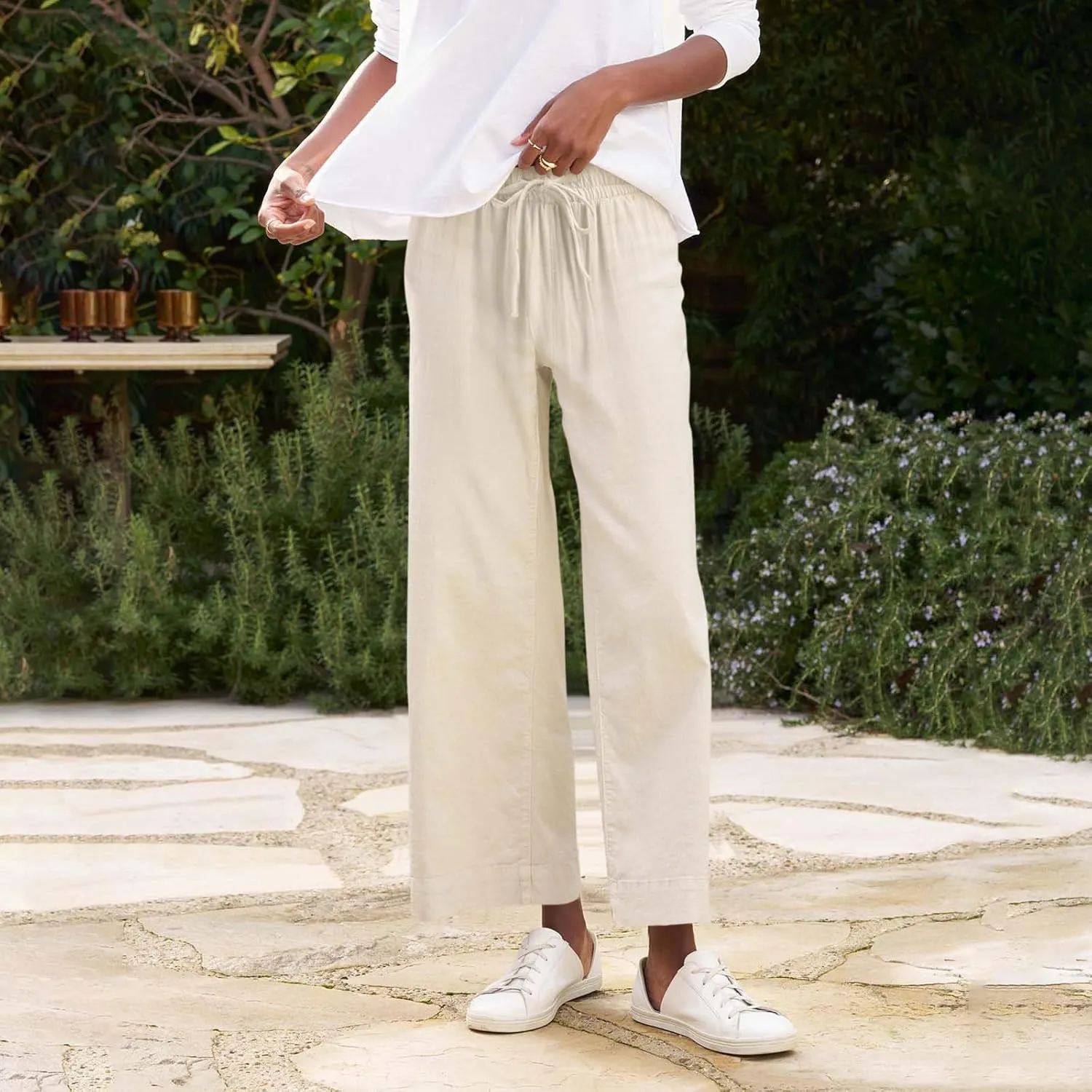Linen Pants Women High Waist Wide Leg Cropped Pants Baggy Summer Business Casual Stretchy Dress Trousers with Pockets