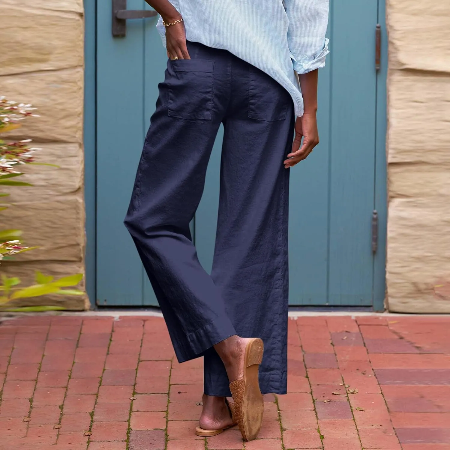 Linen Pants Women High Waist Wide Leg Cropped Pants Baggy Summer Business Casual Stretchy Dress Trousers with Pockets