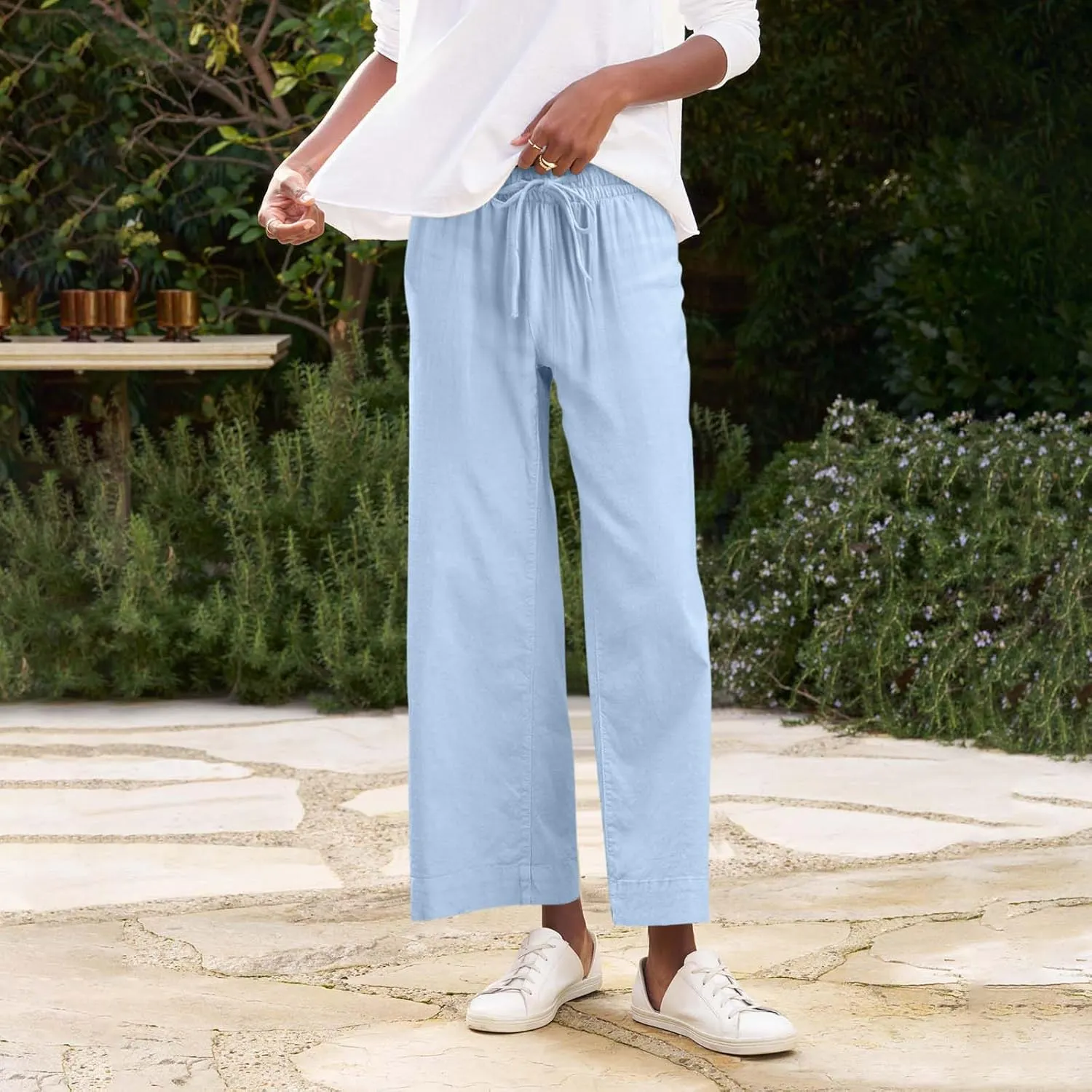 Linen Pants Women High Waist Wide Leg Cropped Pants Baggy Summer Business Casual Stretchy Dress Trousers with Pockets