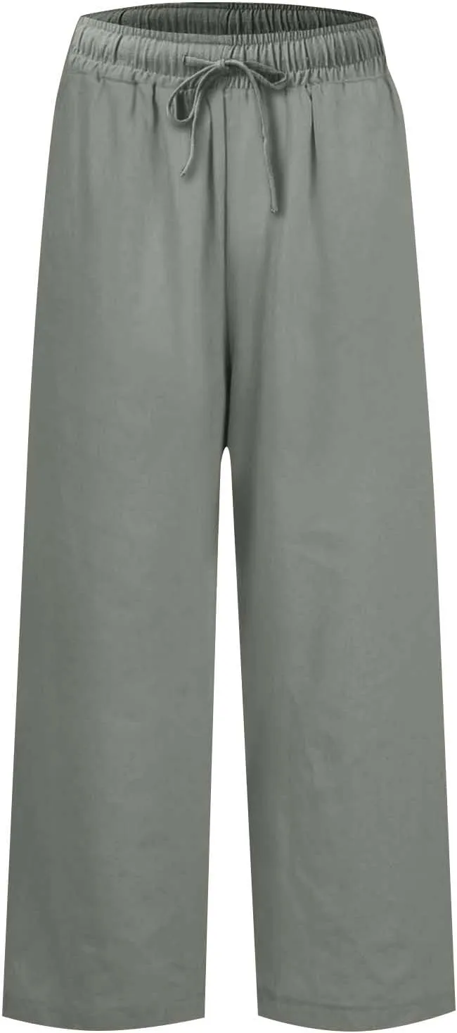 Linen Pants Women High Waist Wide Leg Cropped Pants Baggy Summer Business Casual Stretchy Dress Trousers with Pockets