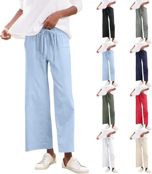 Linen Pants Women High Waist Wide Leg Cropped Pants Baggy Summer Business Casual Stretchy Dress Trousers with Pockets