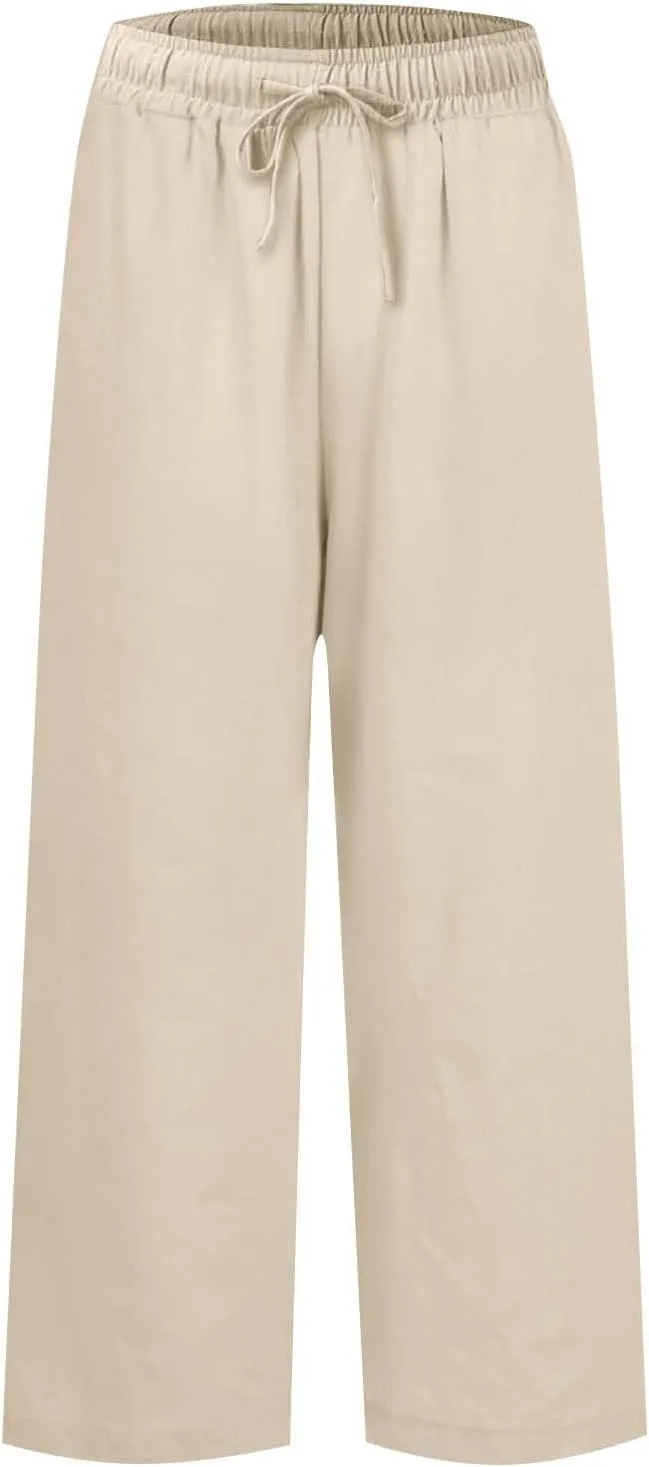 Linen Pants Women High Waist Wide Leg Cropped Pants Baggy Summer Business Casual Stretchy Dress Trousers with Pockets