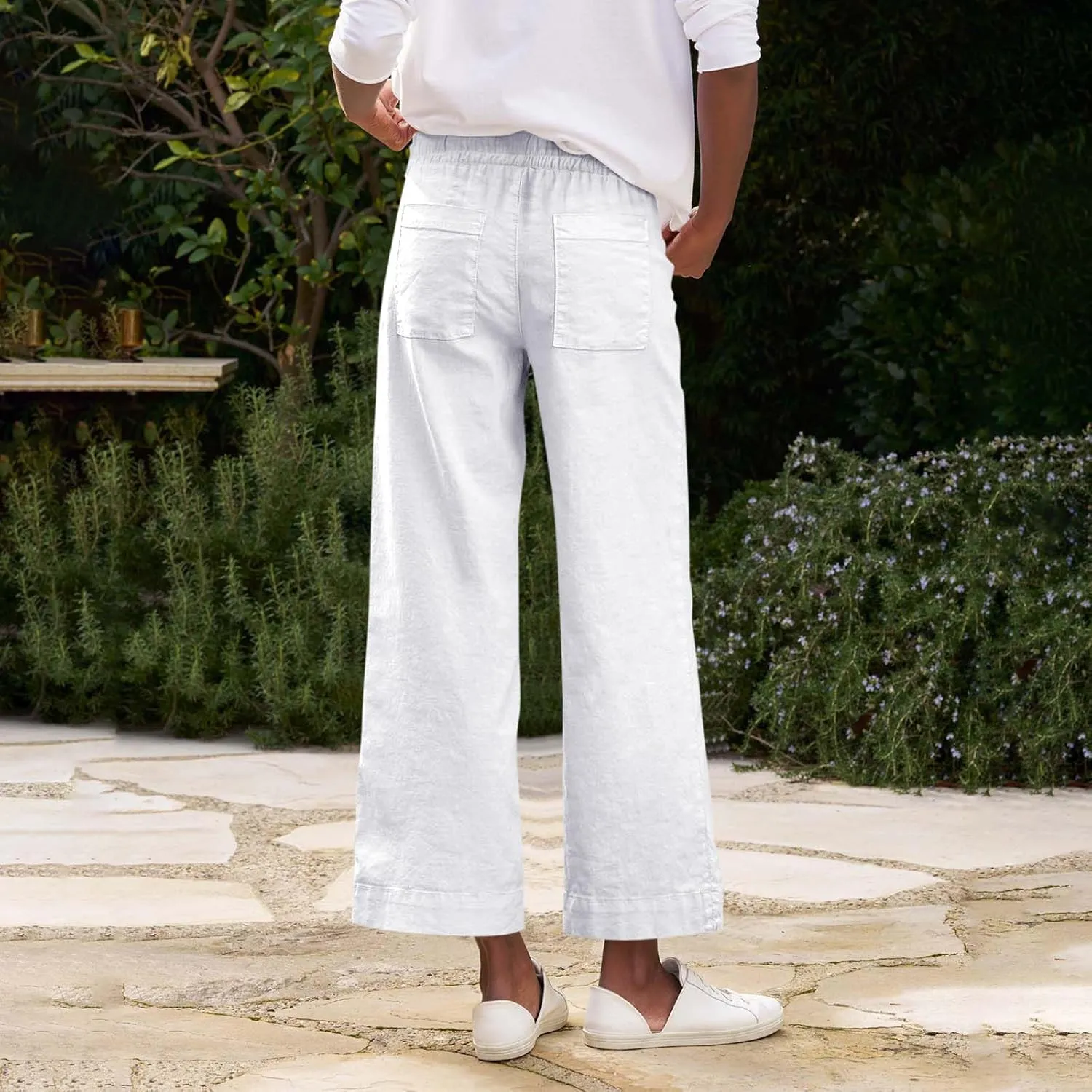 Linen Pants Women High Waist Wide Leg Cropped Pants Baggy Summer Business Casual Stretchy Dress Trousers with Pockets
