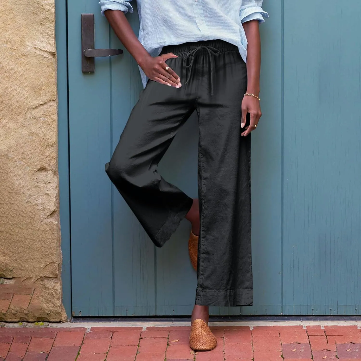 Linen Pants Women High Waist Wide Leg Cropped Pants Baggy Summer Business Casual Stretchy Dress Trousers with Pockets