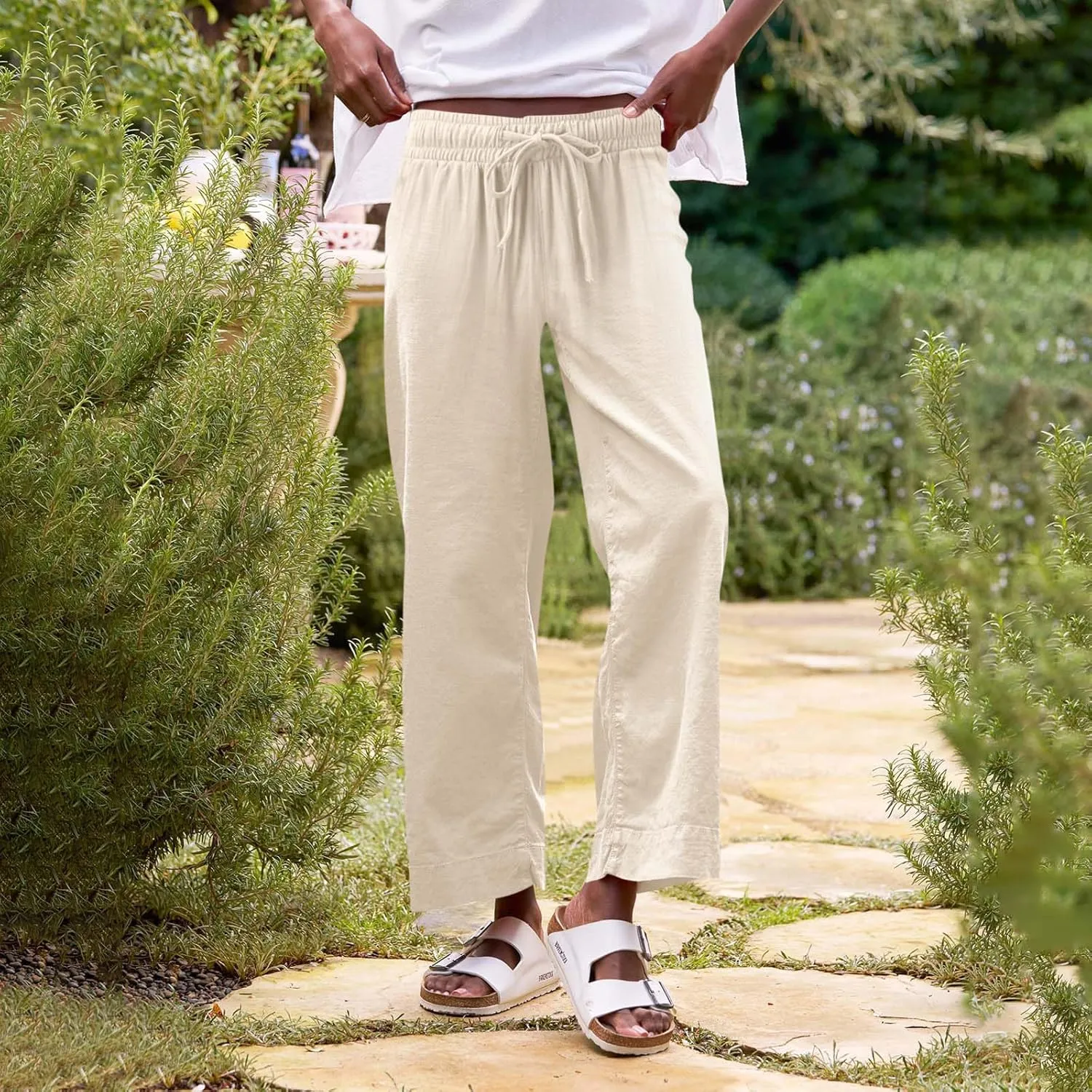 Linen Pants Women High Waist Wide Leg Cropped Pants Baggy Summer Business Casual Stretchy Dress Trousers with Pockets
