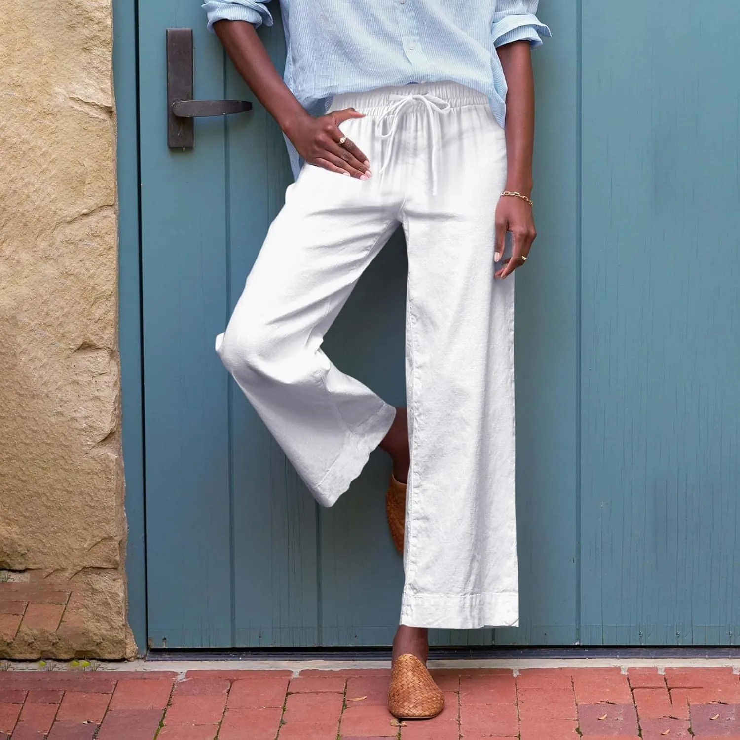 Linen Pants Women High Waist Wide Leg Cropped Pants Baggy Summer Business Casual Stretchy Dress Trousers with Pockets
