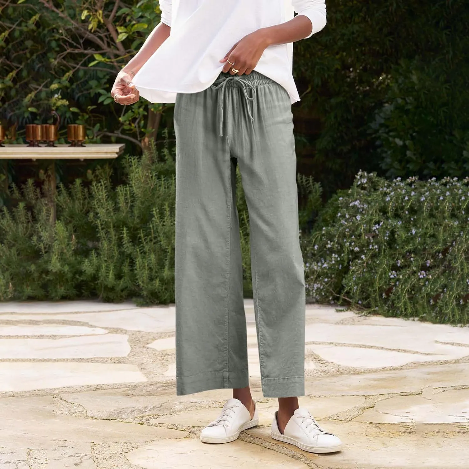 Linen Pants Women High Waist Wide Leg Cropped Pants Baggy Summer Business Casual Stretchy Dress Trousers with Pockets