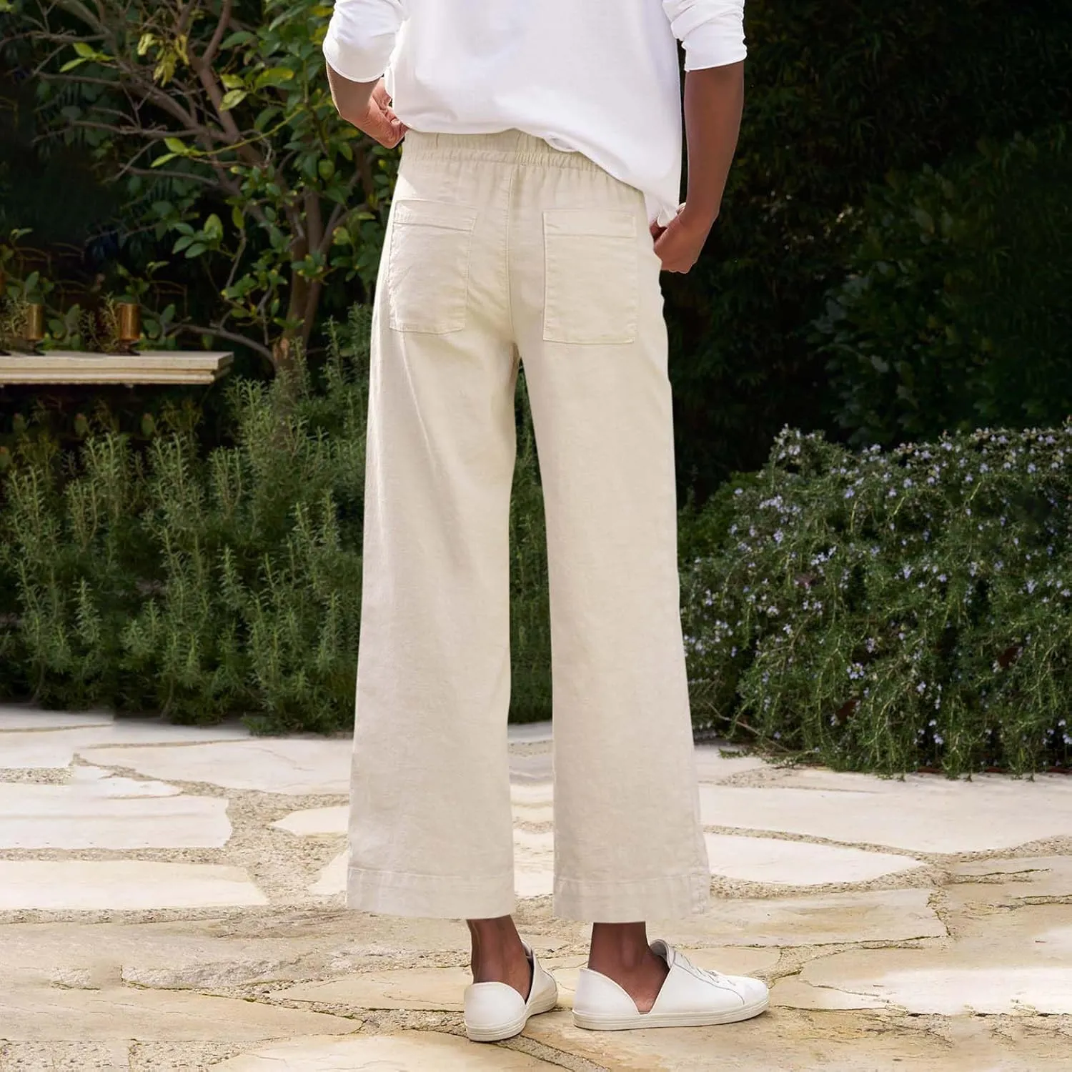 Linen Pants Women High Waist Wide Leg Cropped Pants Baggy Summer Business Casual Stretchy Dress Trousers with Pockets