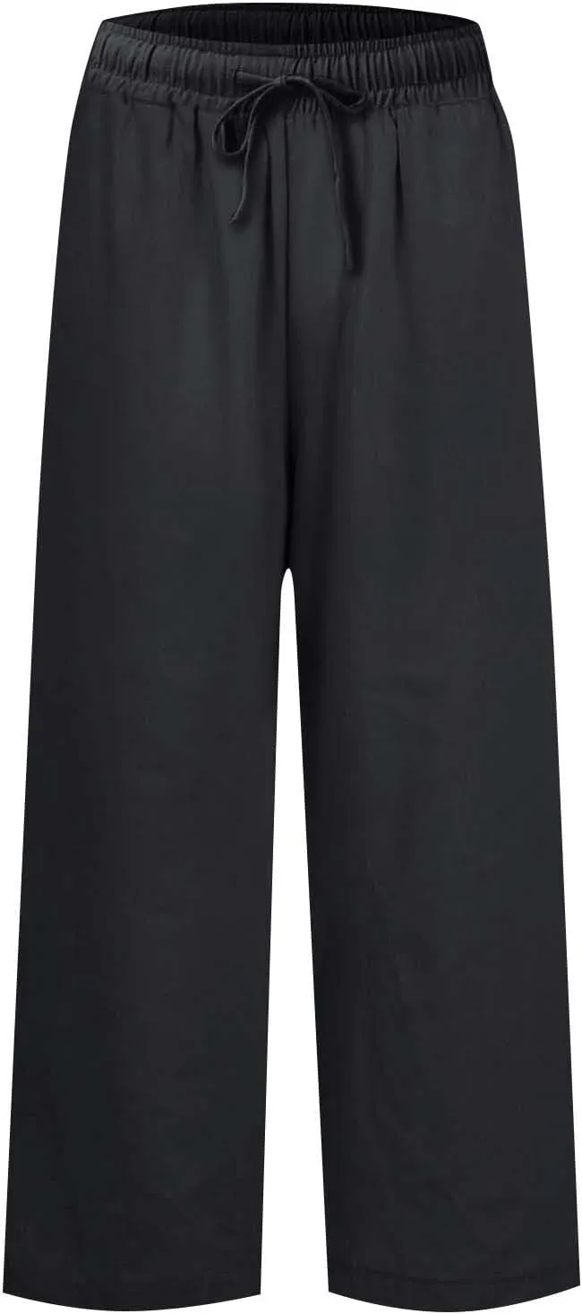 Linen Pants Women High Waist Wide Leg Cropped Pants Baggy Summer Business Casual Stretchy Dress Trousers with Pockets