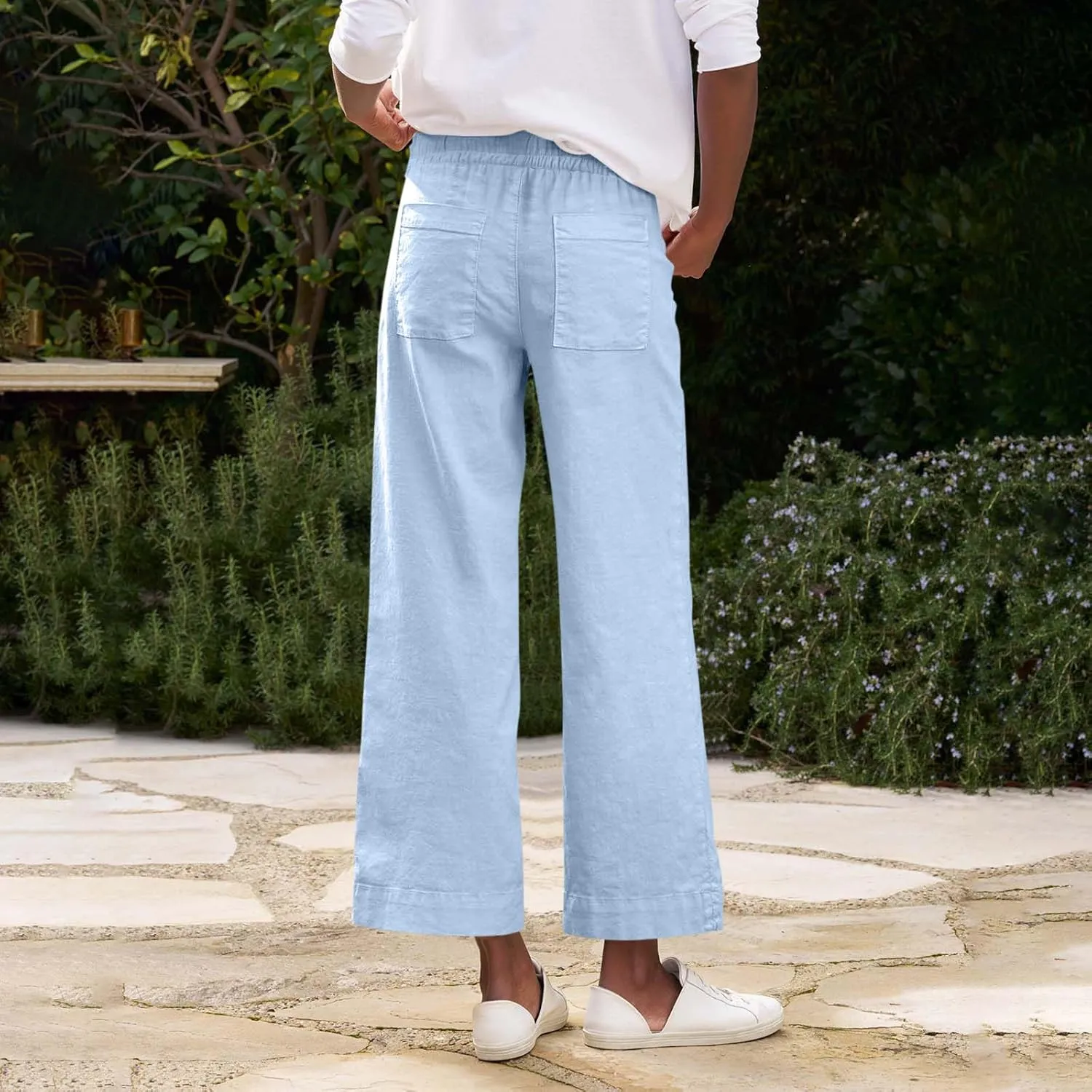 Linen Pants Women High Waist Wide Leg Cropped Pants Baggy Summer Business Casual Stretchy Dress Trousers with Pockets