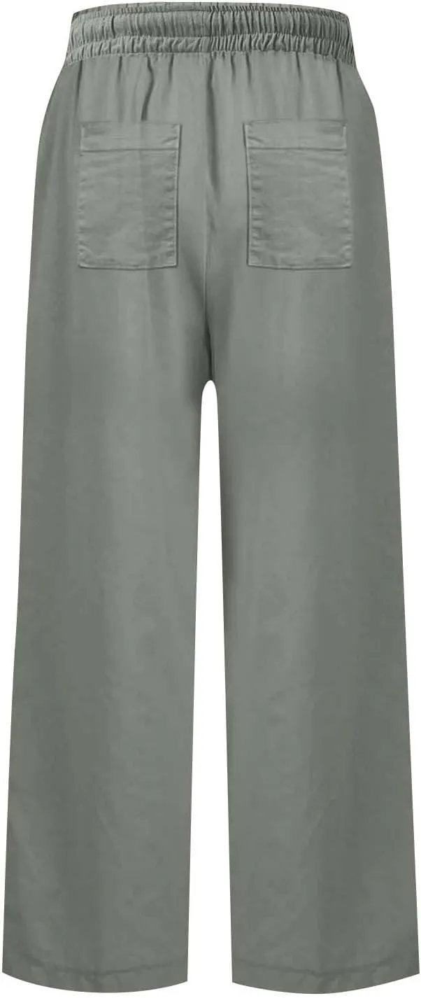 Linen Pants Women High Waist Wide Leg Cropped Pants Baggy Summer Business Casual Stretchy Dress Trousers with Pockets