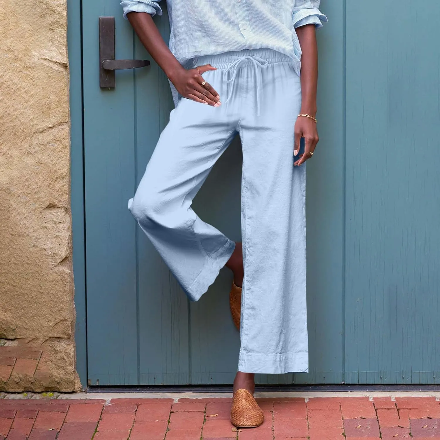Linen Pants Women High Waist Wide Leg Cropped Pants Baggy Summer Business Casual Stretchy Dress Trousers with Pockets