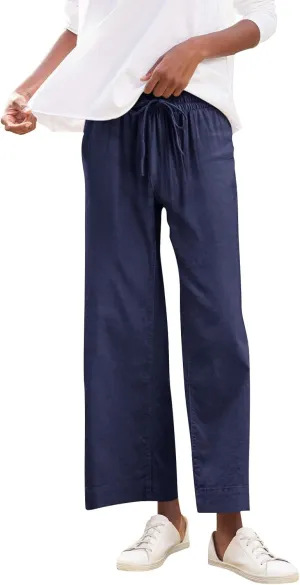 Linen Pants Women High Waist Wide Leg Cropped Pants Baggy Summer Business Casual Stretchy Dress Trousers with Pockets