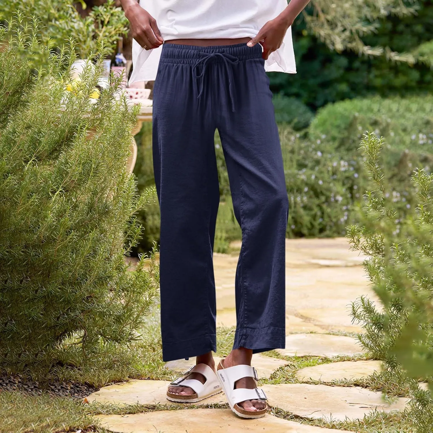 Linen Pants Women High Waist Wide Leg Cropped Pants Baggy Summer Business Casual Stretchy Dress Trousers with Pockets