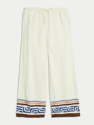 Linen rich printed wide leg trousers