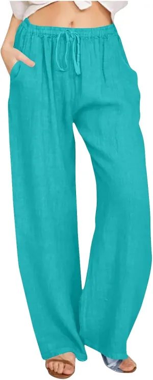 Lmdudan Women Wide Leg Cotton Linen Pants High Waist Loose Drawstring Trousers Summer Lightweight Casual Pants with Pockets