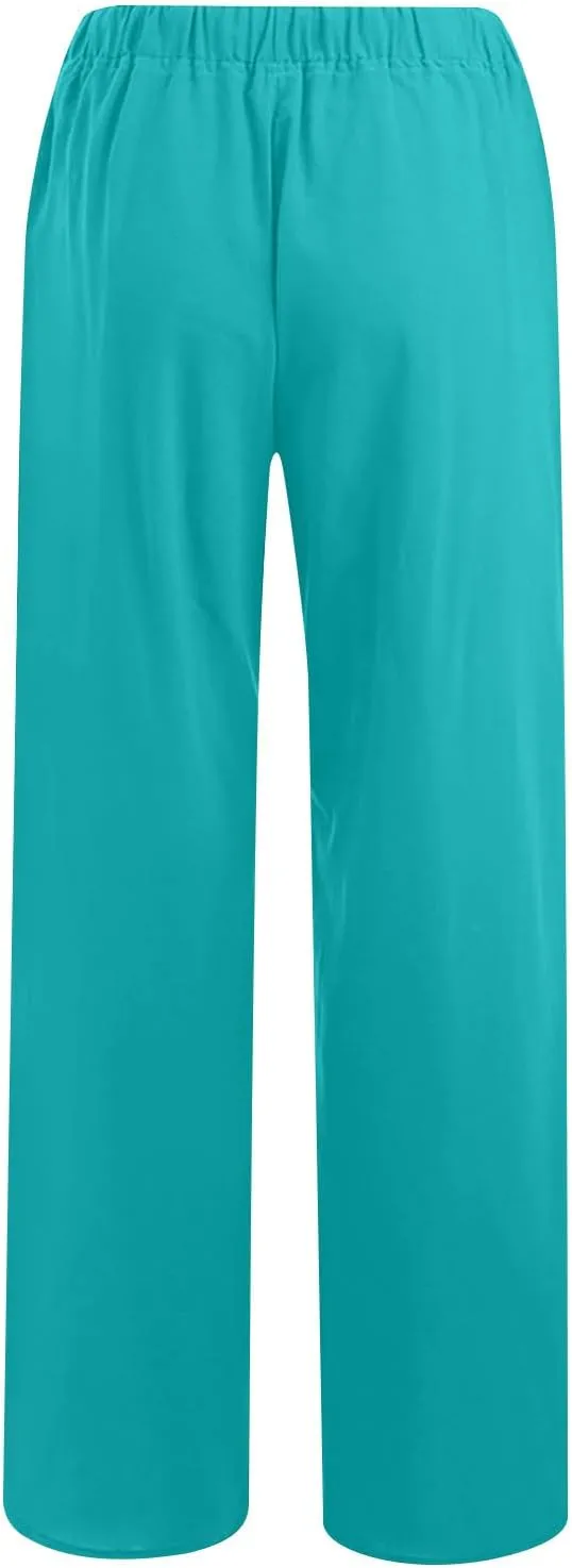 Lmdudan Women Wide Leg Cotton Linen Pants High Waist Loose Drawstring Trousers Summer Lightweight Casual Pants with Pockets