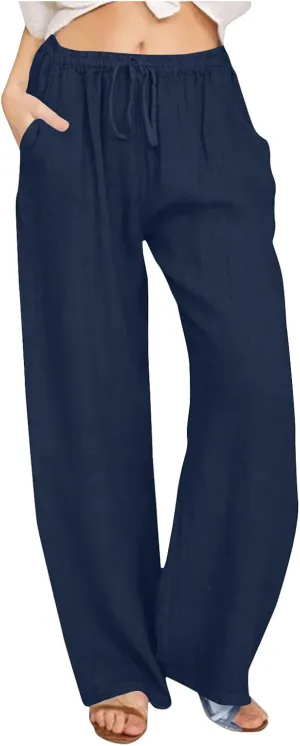 Lmdudan Women Wide Leg Cotton Linen Pants High Waist Loose Drawstring Trousers Summer Lightweight Casual Pants with Pockets