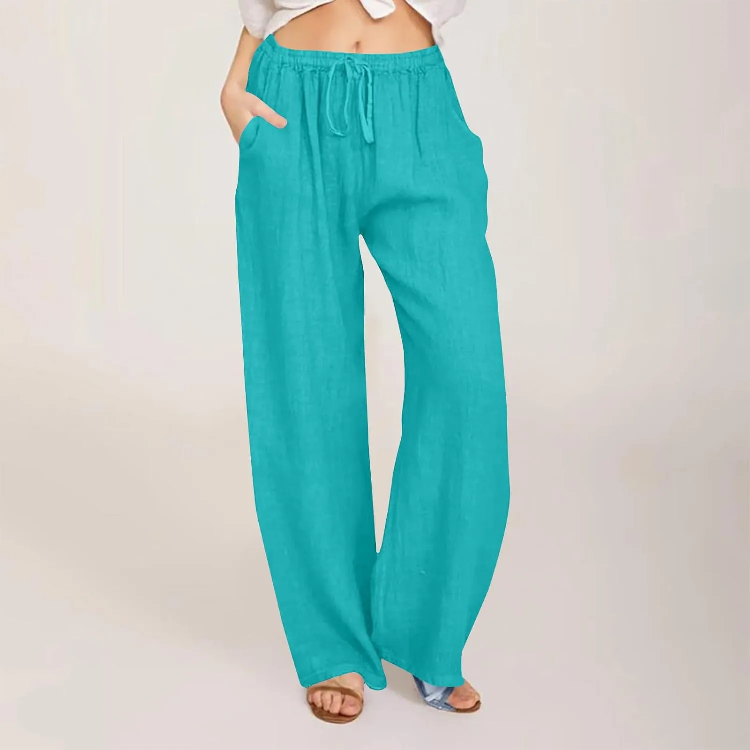 Lmdudan Women Wide Leg Cotton Linen Pants High Waist Loose Drawstring Trousers Summer Lightweight Casual Pants with Pockets