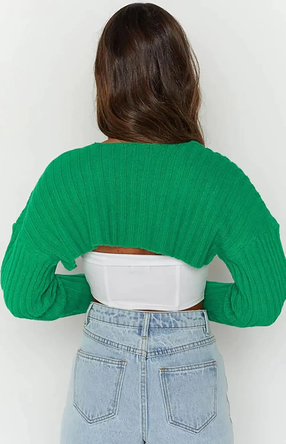 LOFAAC Women Y2K Open Front Rib Knit Shrug Crop Cardigan Solid Drop Shoulder Puff Long Sleeve Crop Bolero Sweater Tops