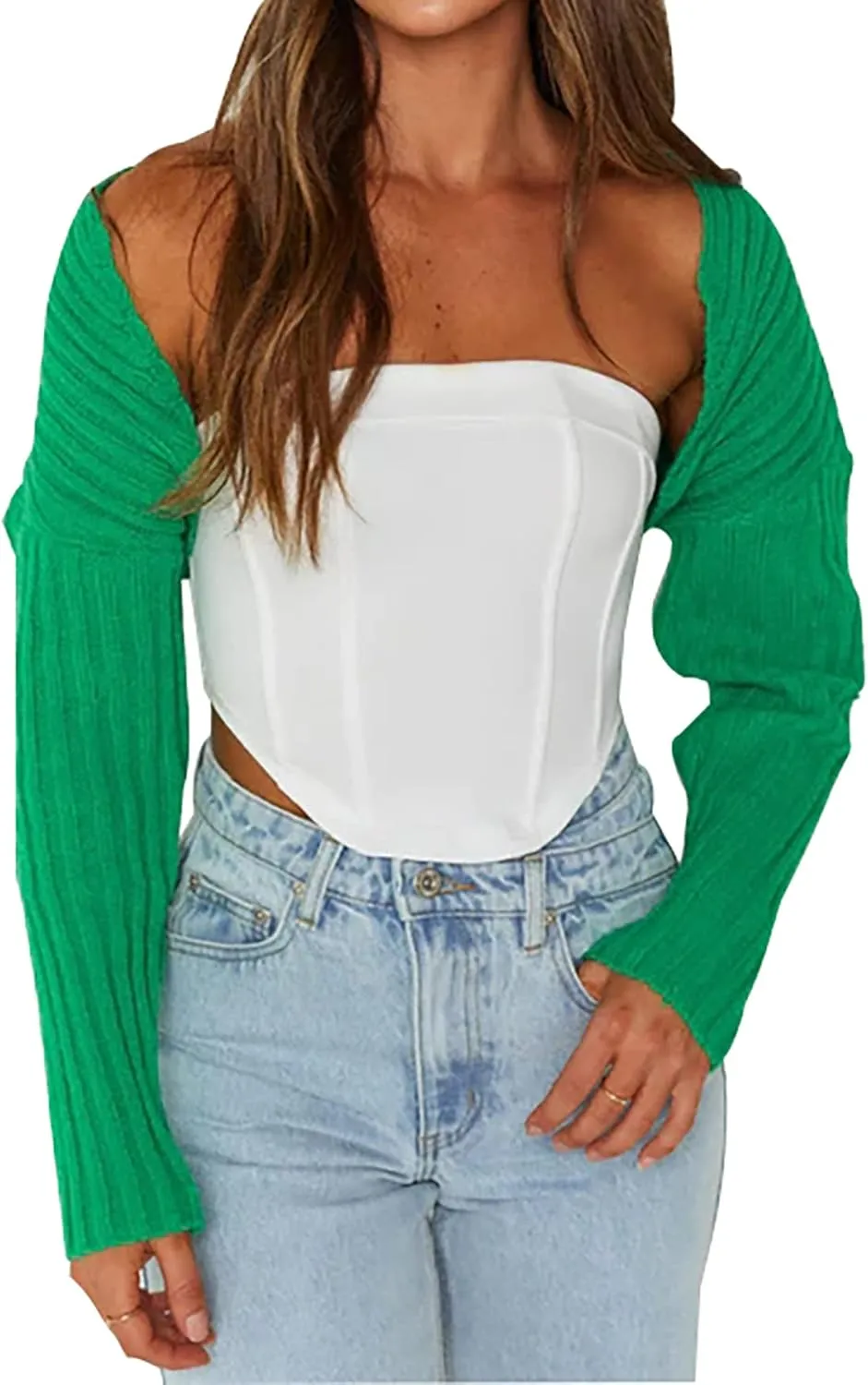 LOFAAC Women Y2K Open Front Rib Knit Shrug Crop Cardigan Solid Drop Shoulder Puff Long Sleeve Crop Bolero Sweater Tops