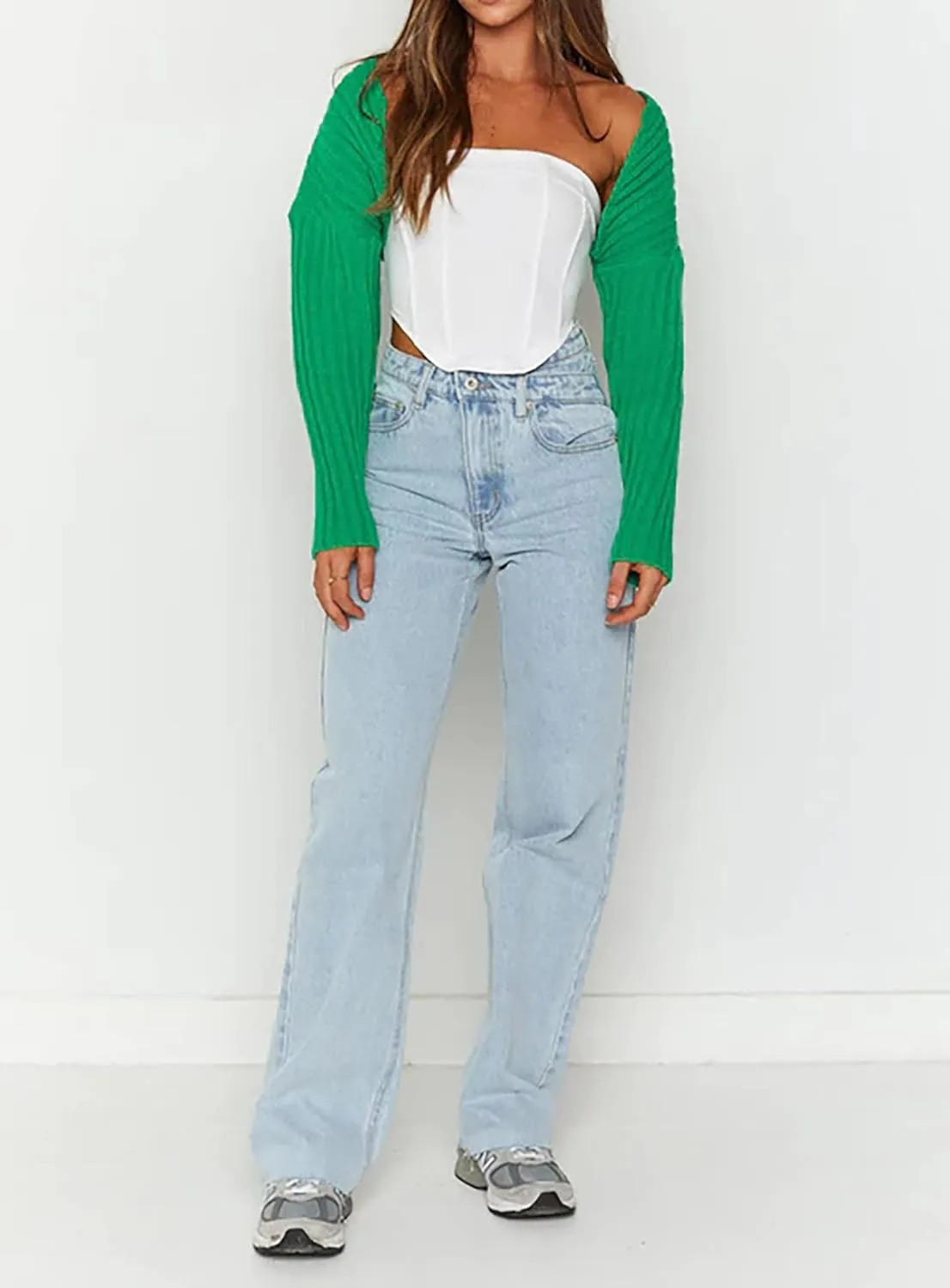 LOFAAC Women Y2K Open Front Rib Knit Shrug Crop Cardigan Solid Drop Shoulder Puff Long Sleeve Crop Bolero Sweater Tops