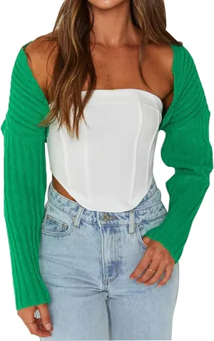LOFAAC Women Y2K Open Front Rib Knit Shrug Crop Cardigan Solid Drop Shoulder Puff Long Sleeve Crop Bolero Sweater Tops