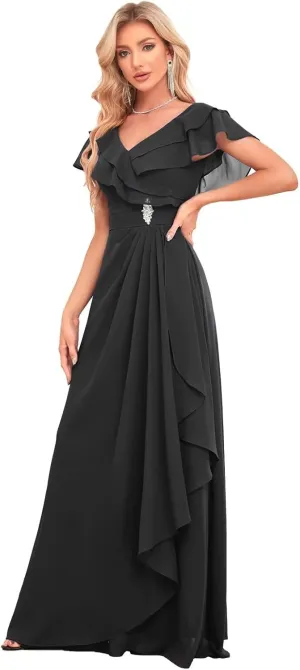 Long Chiffon Bridesmaid Dresses for Women V Neck Flutter Sleeve Pleated Formal Evening Dresses MRX47