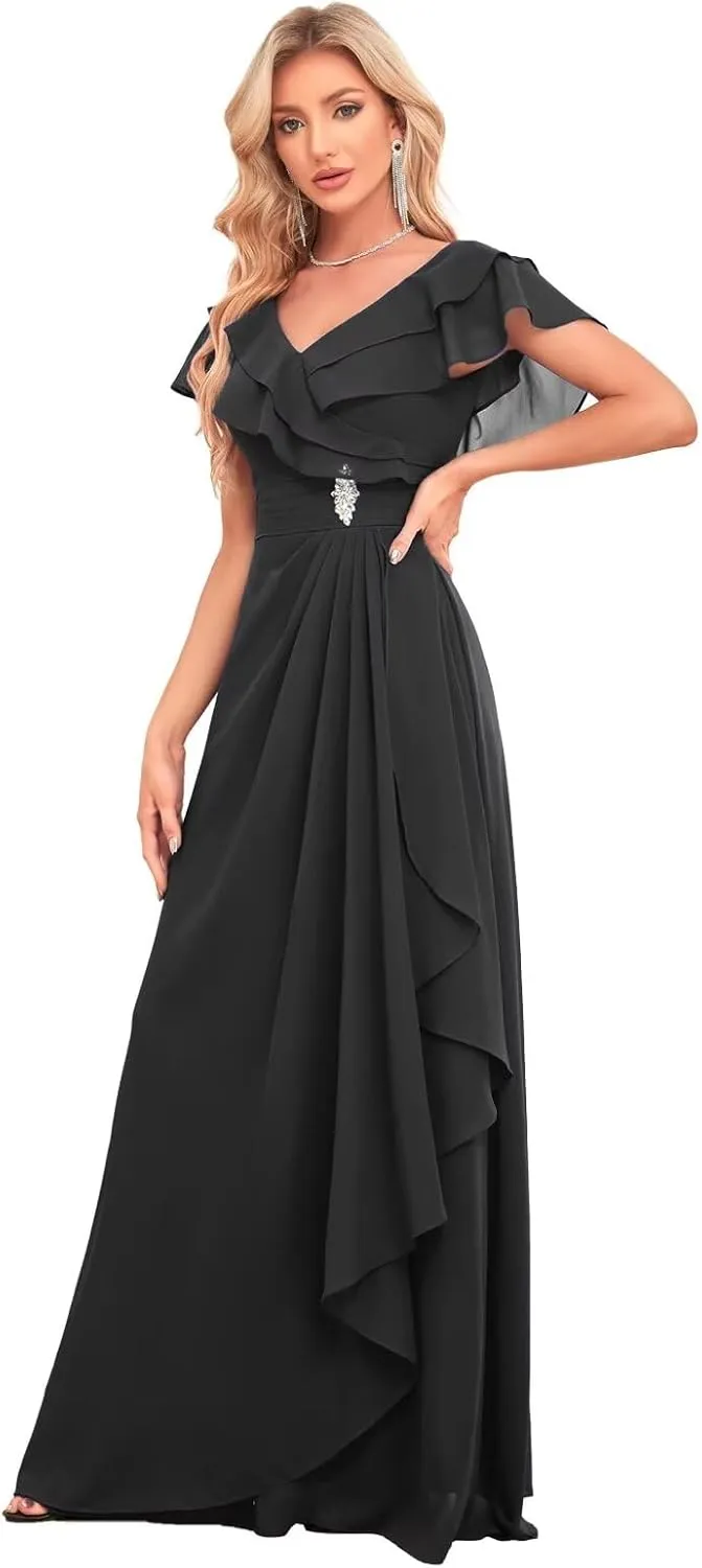 Long Chiffon Bridesmaid Dresses for Women V Neck Flutter Sleeve Pleated Formal Evening Dresses MRX47