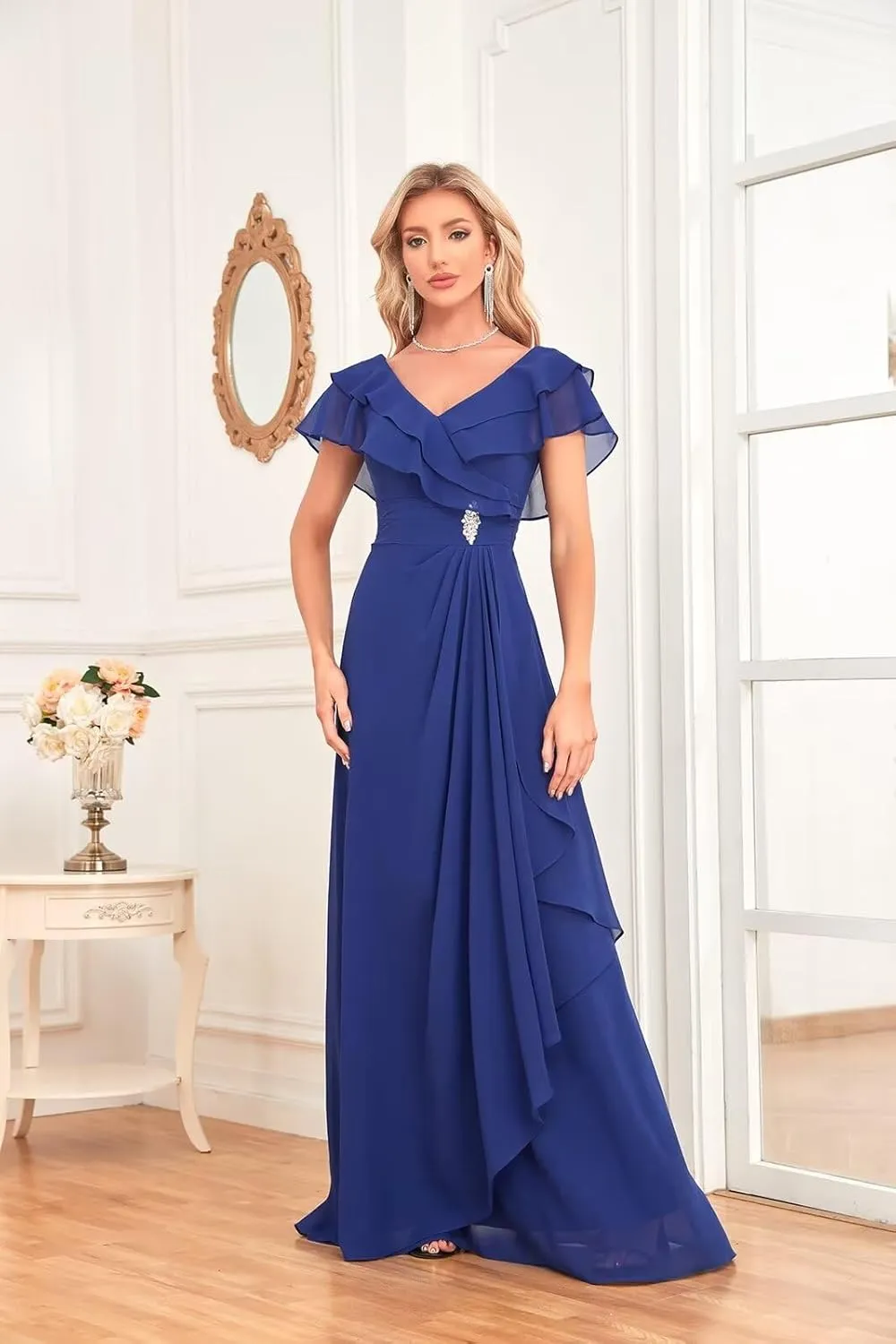 Long Chiffon Bridesmaid Dresses for Women V Neck Flutter Sleeve Pleated Formal Evening Dresses MRX47