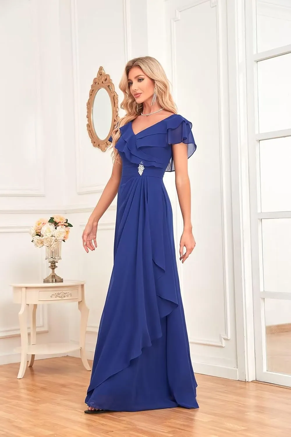 Long Chiffon Bridesmaid Dresses for Women V Neck Flutter Sleeve Pleated Formal Evening Dresses MRX47