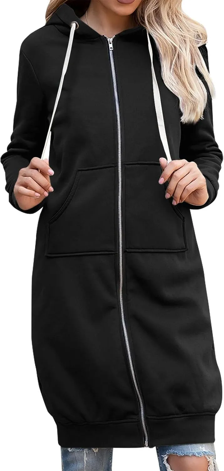 Long Hoodie for Women Winter Coats Zip Up Jackets Hooded Sweatshirts Fleece Lined Sweatshirt Sweaters with Pockets