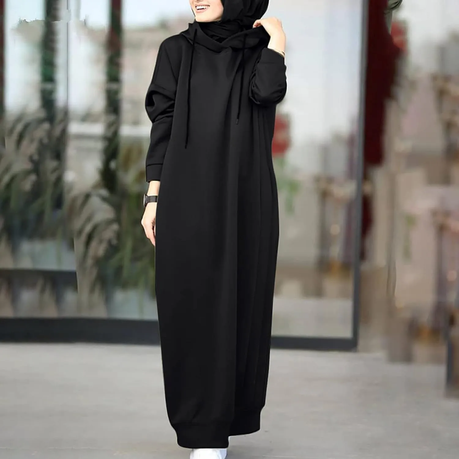 Long Hoodies for Women Solid Color Muslim Prayer Dress Drawstring Long Sleeve Oversized Hooded Sweatshirts Pullover Clothes