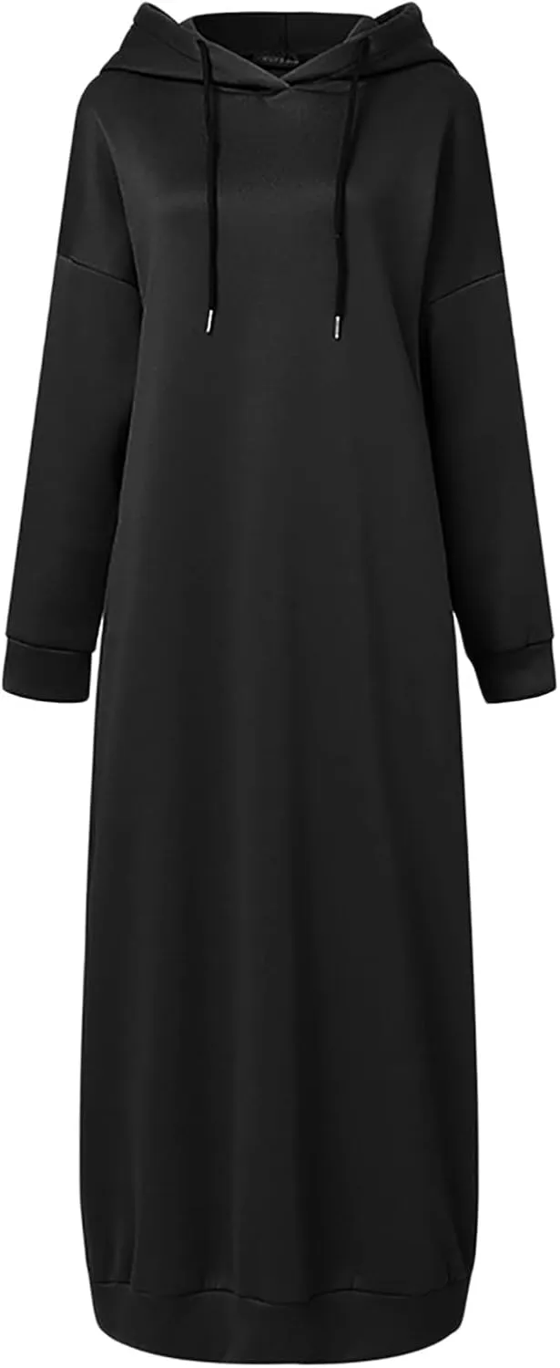Long Hoodies for Women Solid Color Muslim Prayer Dress Drawstring Long Sleeve Oversized Hooded Sweatshirts Pullover Clothes