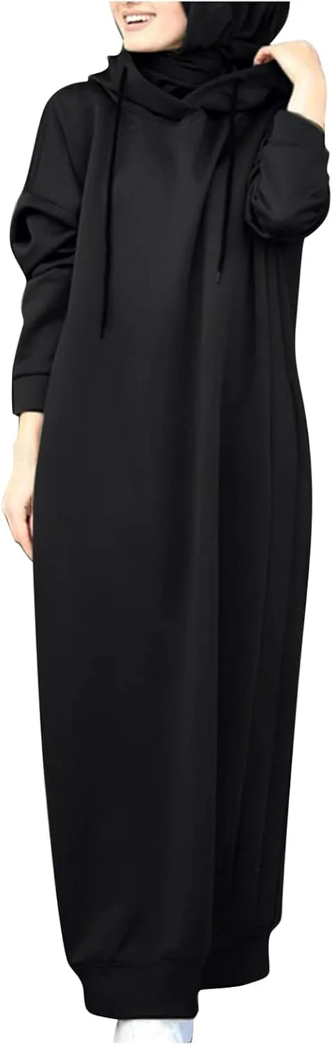 Long Hoodies for Women Solid Color Muslim Prayer Dress Drawstring Long Sleeve Oversized Hooded Sweatshirts Pullover Clothes