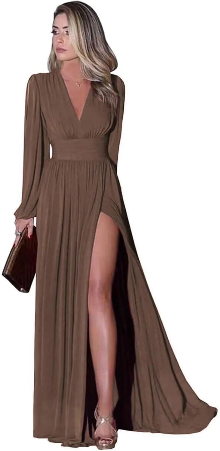 Long Sleeve Chiffon Bridesmaid Dresses for Women V Neck Empire Waist Pleated Long Evening Formal Dress with Slit
