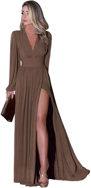 Long Sleeve Chiffon Bridesmaid Dresses for Women V Neck Empire Waist Pleated Long Evening Formal Dress with Slit